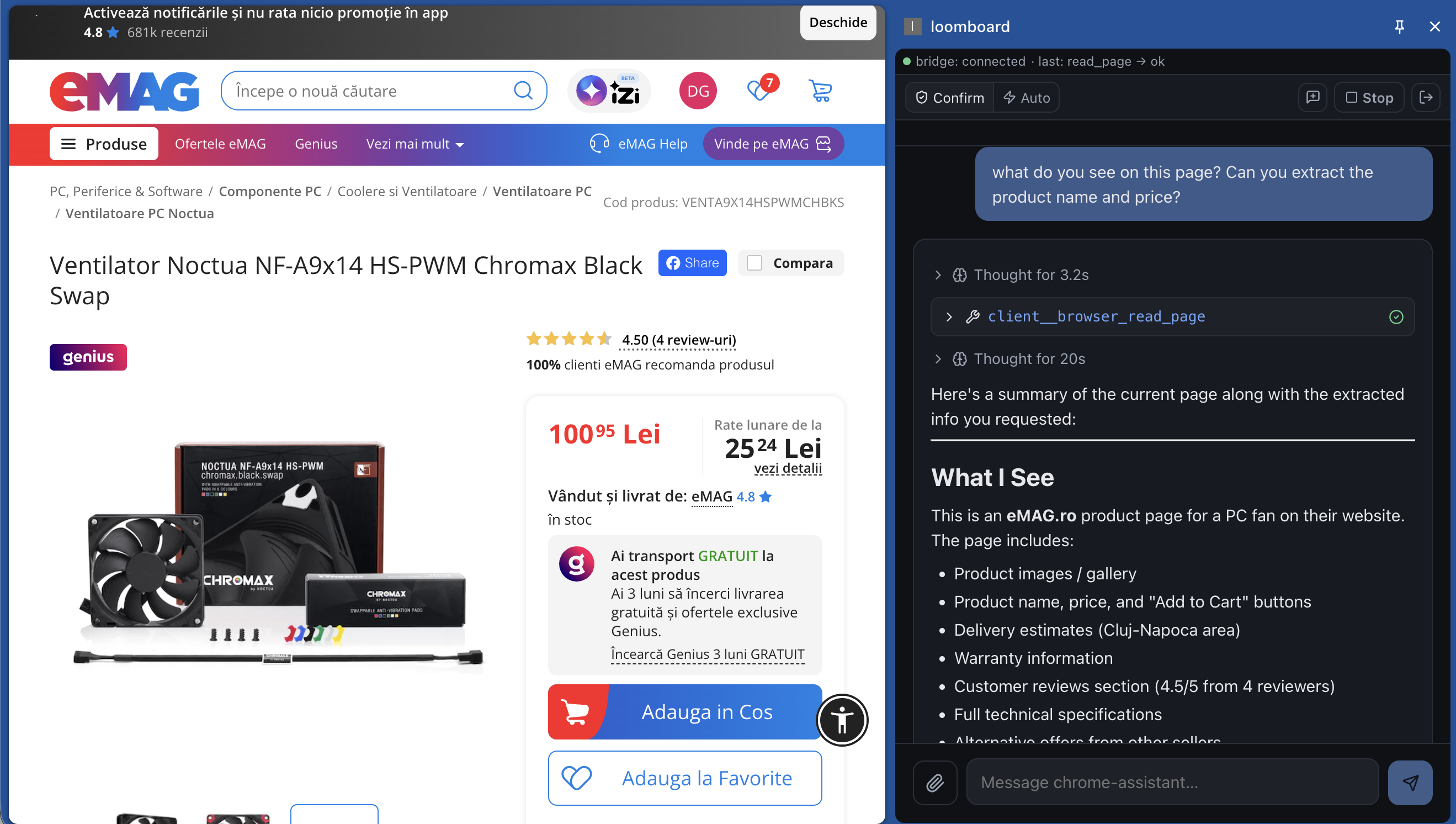 EMAG.RO product page for a Noctua NF-A9x14 HS-PWM Chromax fan on the left. LoomBoard Chrome extension side panel on the right showing an extracted structured summary: price 100.95 Lei, rating 4.5/5, brand Noctua, key specs (size 92x92x14mm, airflow 57.5 m³/h, RPM 600-2500, noise 23.6 dB, bearings SSO2).