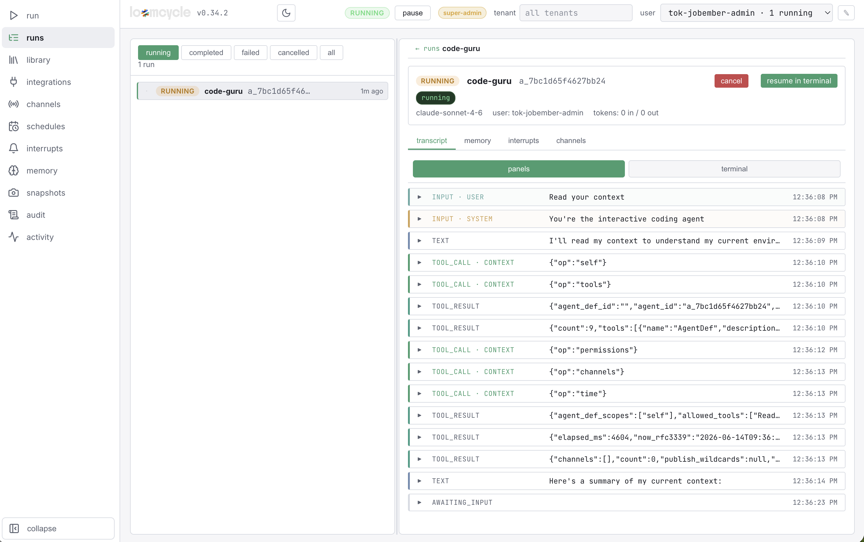 The loomcycle Web UI in panels mode showing a completed run's transcript. Left pane: list of runs filterable by running/completed/failed/cancelled. Right pane: a code-guru run's transcript with cards for INPUT-USER, INPUT-SYSTEM, TEXT, TOOL_CALL-CONTEXT, TOOL_RESULT. Header shows 'panels / terminal' toggle plus 'cancel' and 'resume in terminal' buttons. Token counter visible.
